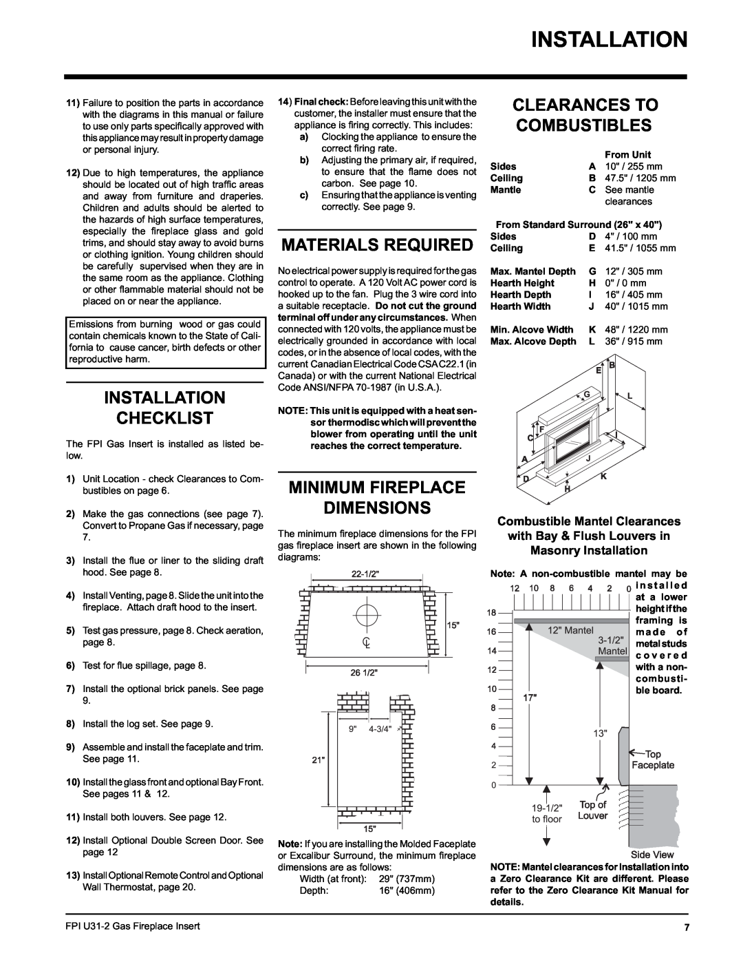 Recoton/Advent U31-LP2, U31-NG2 Installation Checklist, Materials Required, Minimum Fireplace Dimensions 
