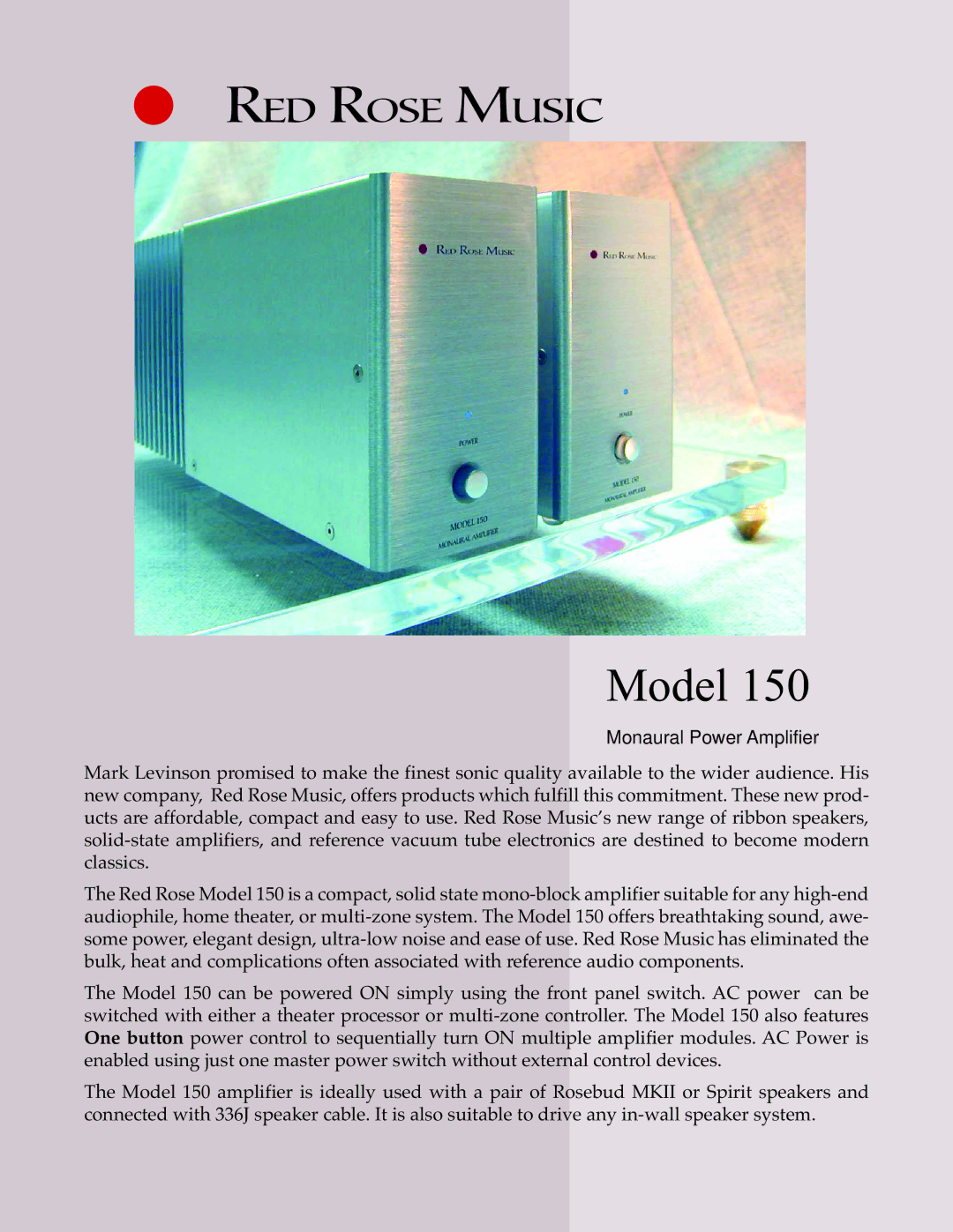 Red Rose Music 150 manual Model, Monaural Power Amplifier 