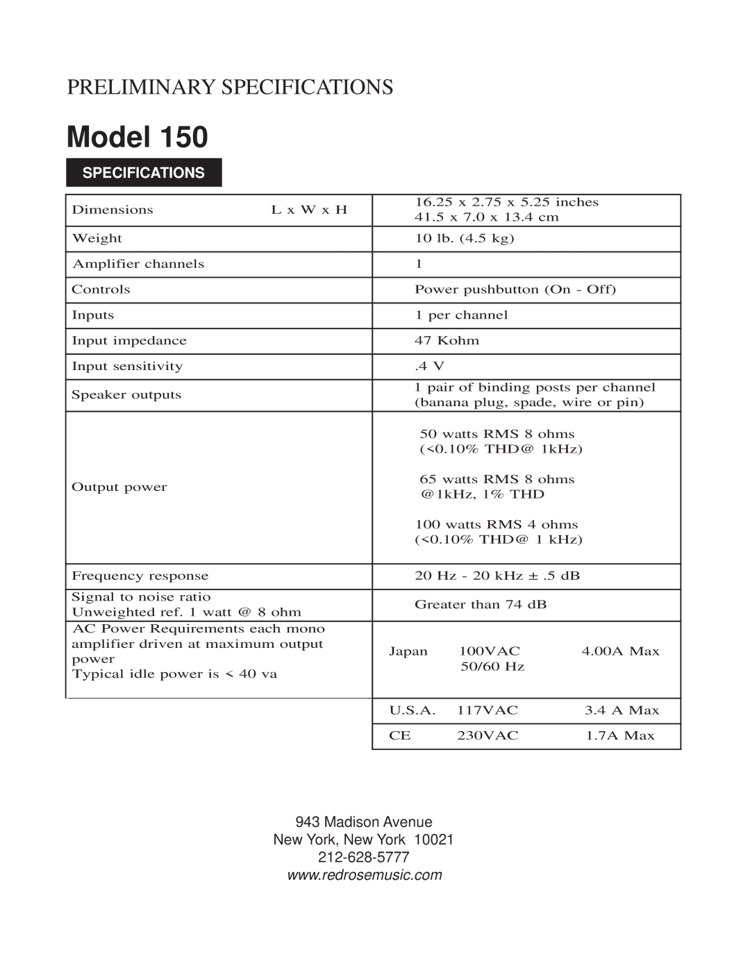 Red Rose Music 150 manual Model, Specifications, Madison Avenue New York, New York 