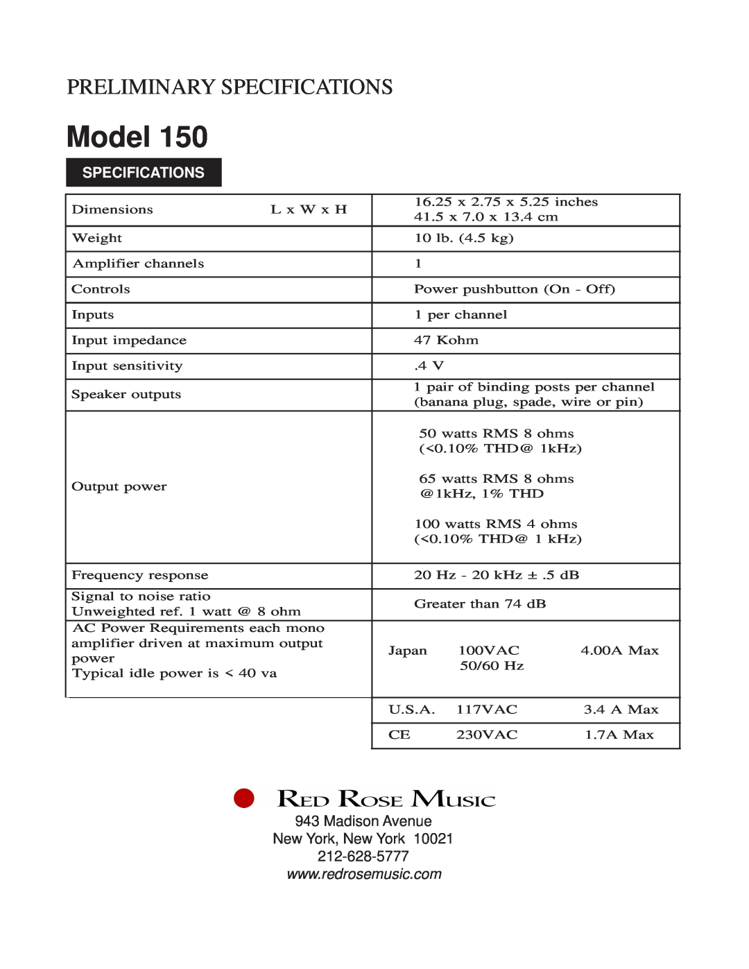 Red Rose Music 150 manual Madison Avenue New York, New York, Model, Preliminary Specifications 