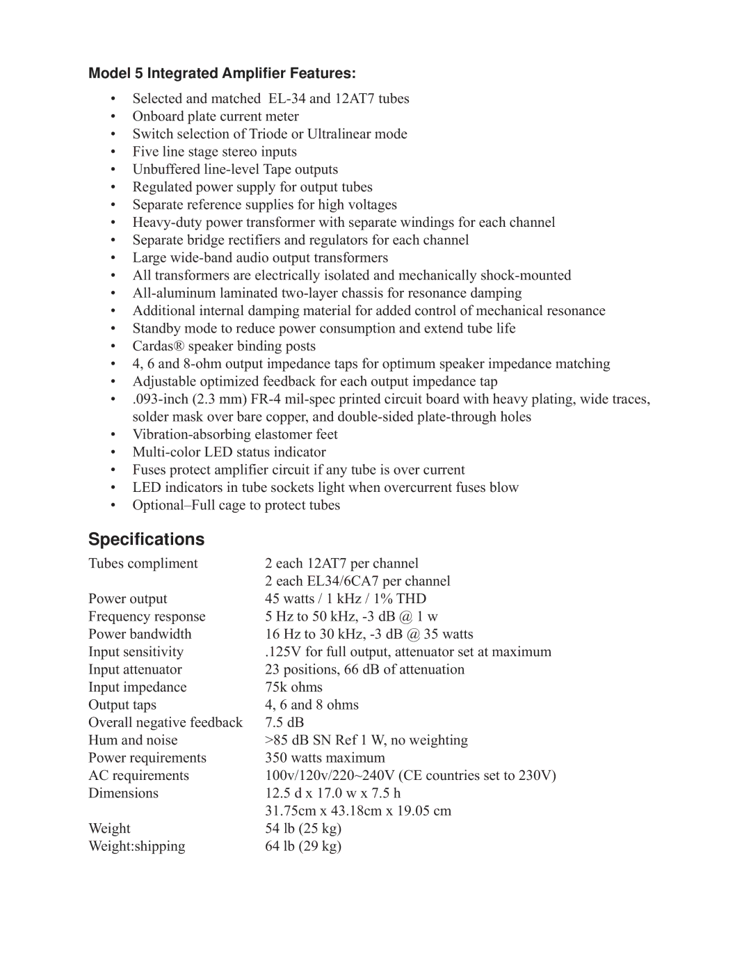 Red Rose Music owner manual Specifications, Model 5 Integrated Amplifier Features 