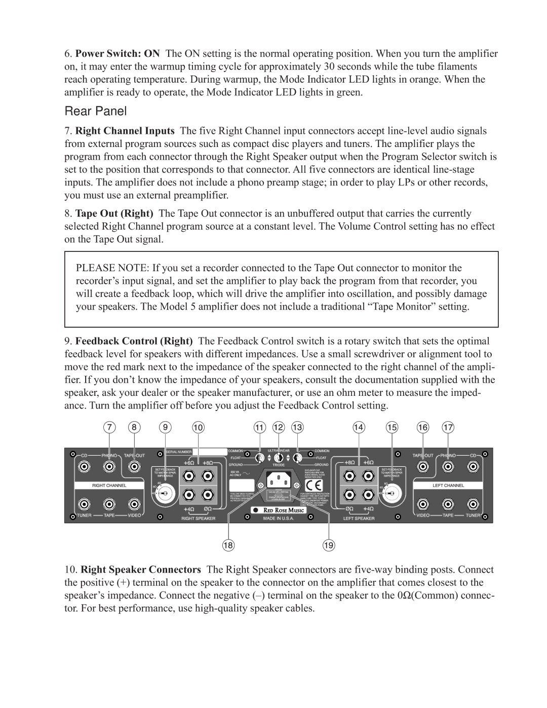 Red Rose Music 5 owner manual Rear Panel 