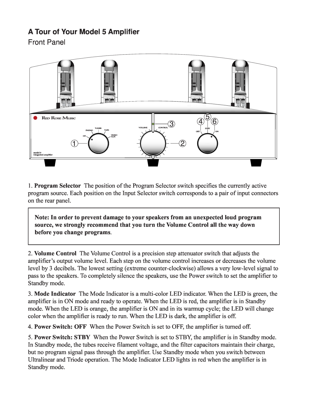 Red Rose Music owner manual A Tour of Your Model 5 Amplifier, Front Panel 