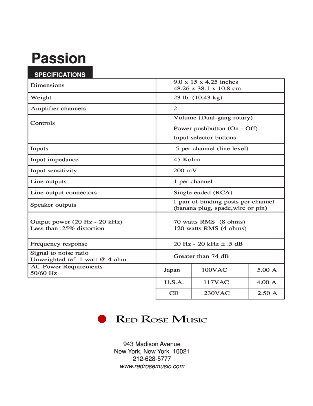 Red Rose Music Affirmation manual Passion, Specifications, Madison Avenue New York, New York 