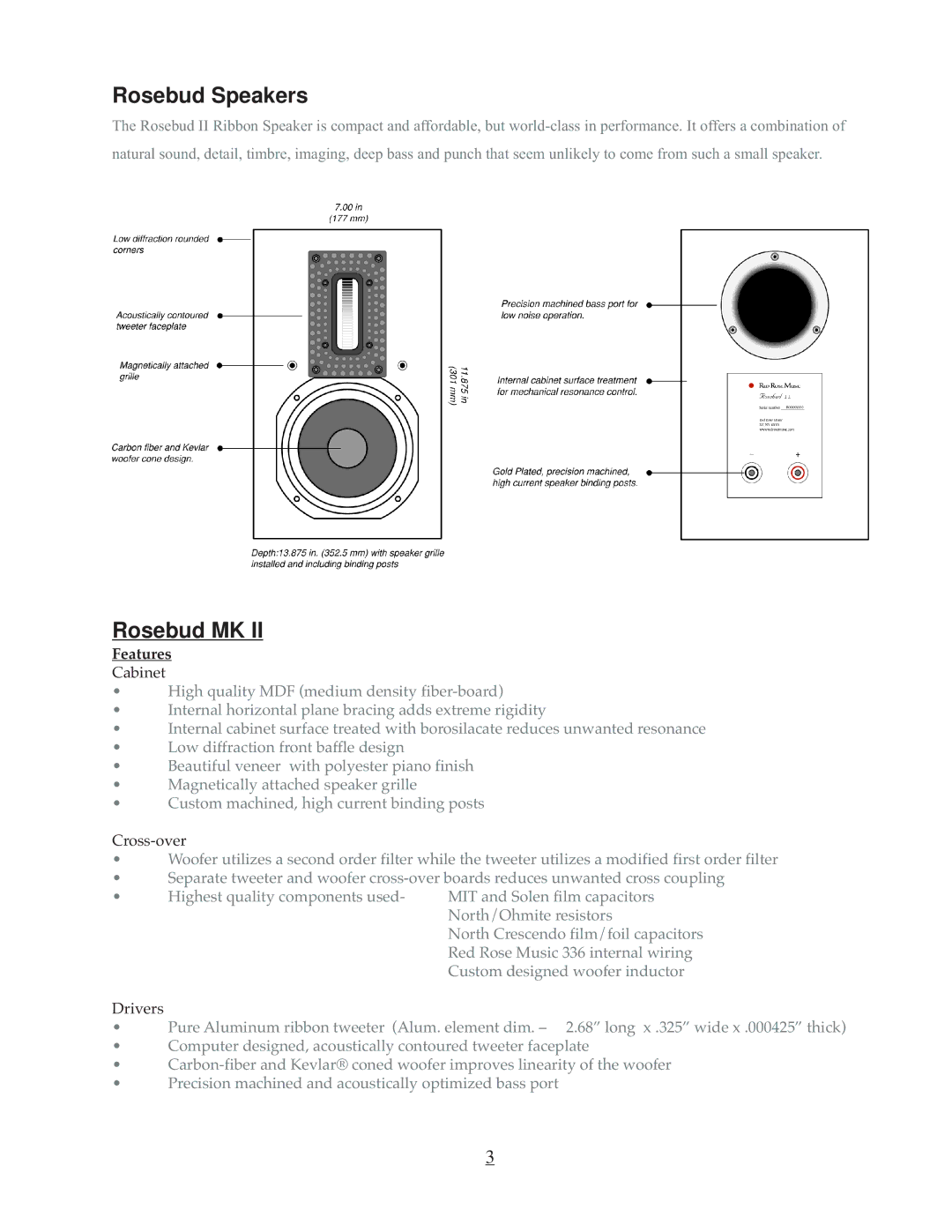 Red Rose Music MK II owner manual Rosebud Speakers, Rosebud MK 