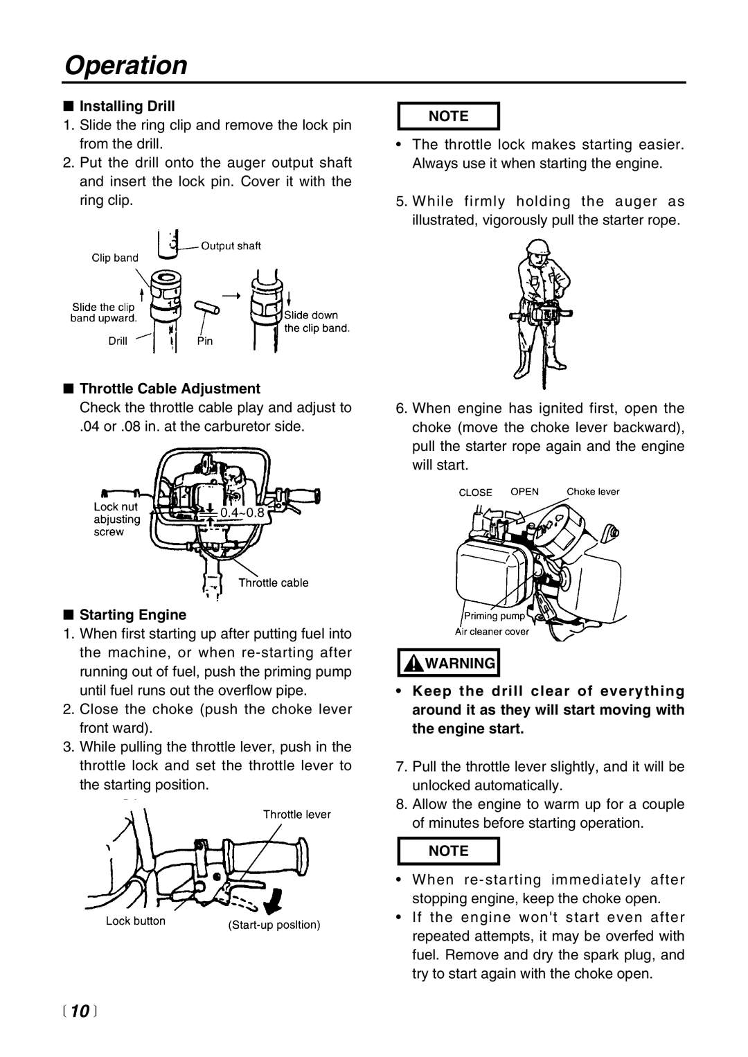 RedMax AG2300 manual Operation, Installing Drill, Throttle Cable Adjustment, Starting Engine 