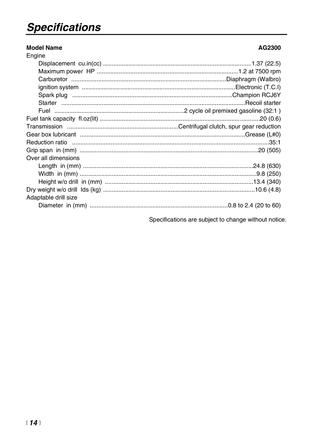 RedMax manual Specifications, Model Name AG2300 