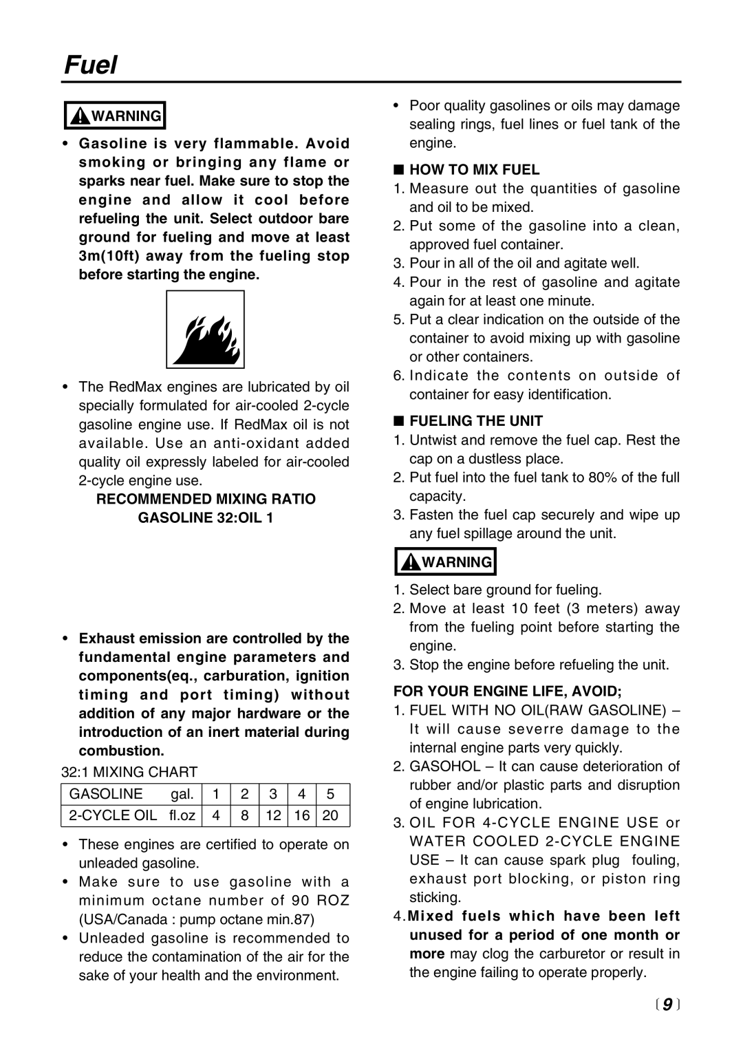 RedMax AG2300 manual Fuel, Recommended Mixing Ratio Gasoline 32OIL 