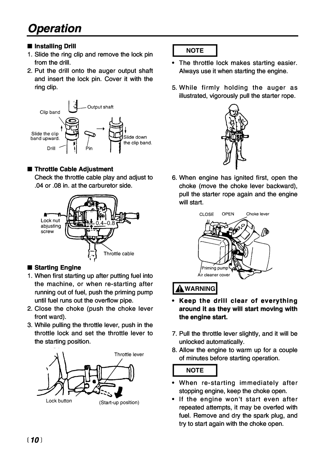 RedMax AG2300 manual Operation,  10 , Installing Drill, Throttle Cable Adjustment, Starting Engine 