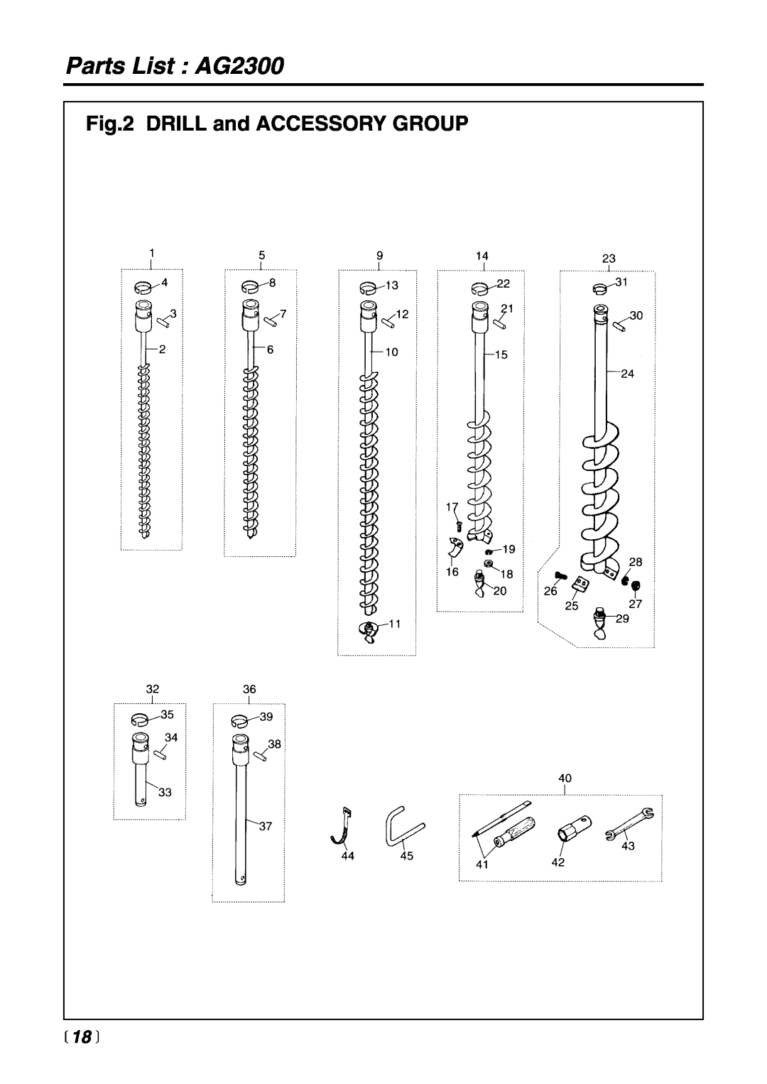 RedMax manual DRILL and ACCESSORY GROUP,  18 , Parts List AG2300 