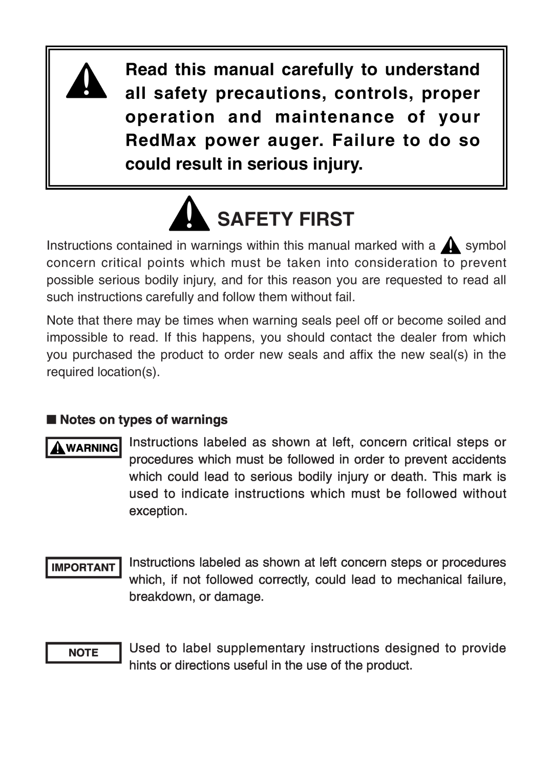 RedMax AG2300 manual Notes on types of warnings, Safety First 