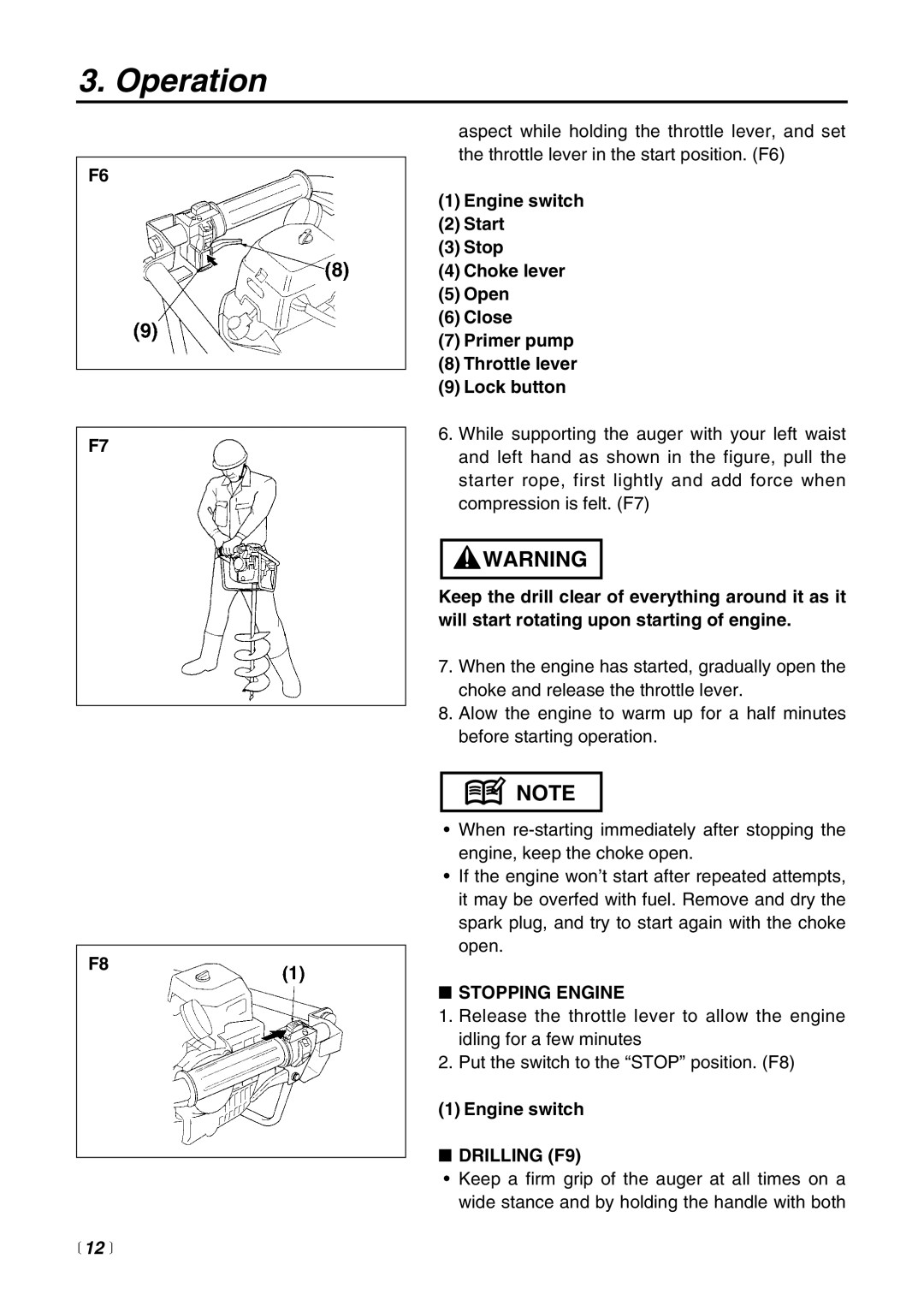 RedMax AG4300 manual  12 , Stopping Engine, Engine switch, Drilling F9 