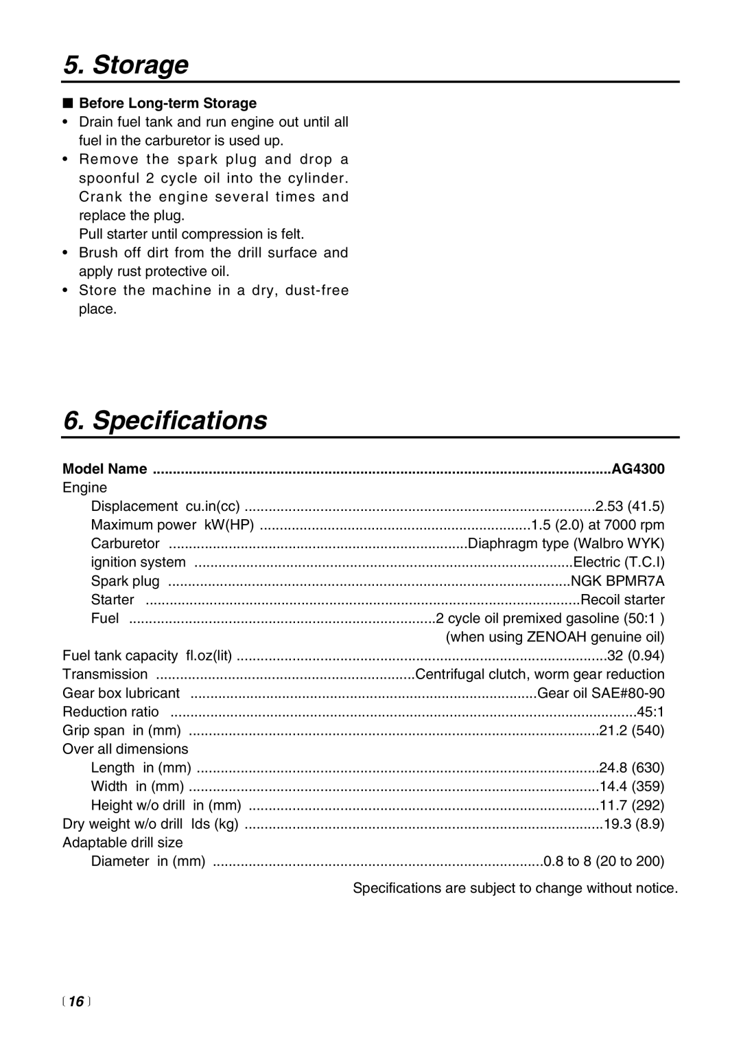 RedMax AG4300 manual Specifications, Before Long-term Storage,  16  