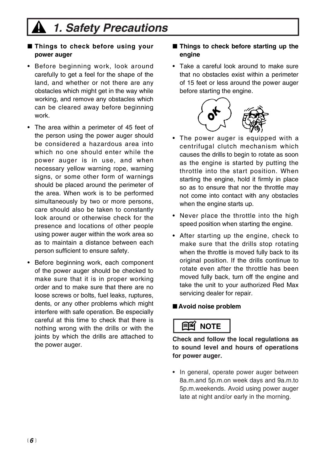 RedMax AG4300 manual Things to check before using your power auger,  6 , Things to check before starting up the engine 