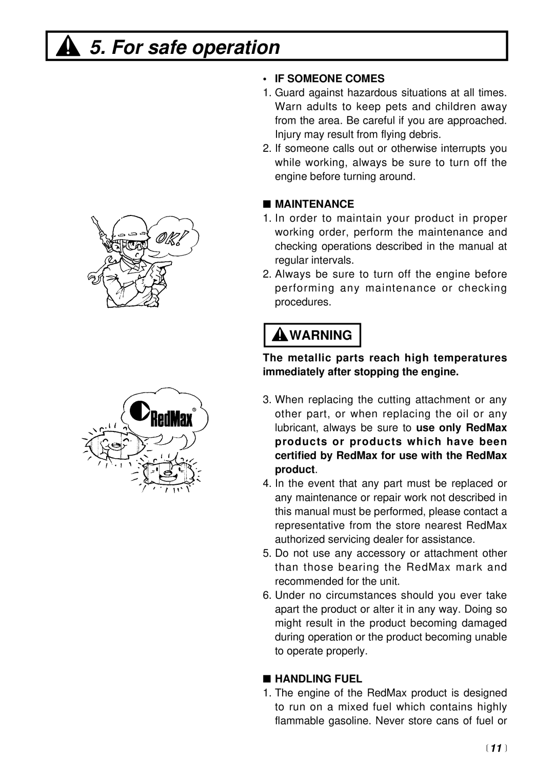 RedMax BC225DL manual If Someone Comes, Maintenance, Handling Fuel, 11  