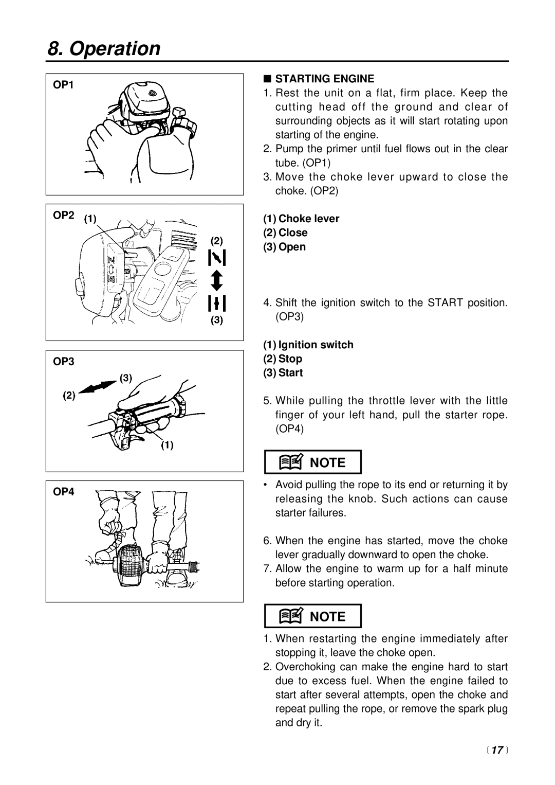 RedMax BC225DL manual Operation, OP1 OP2 OP3 OP4 Starting Engine, 17  