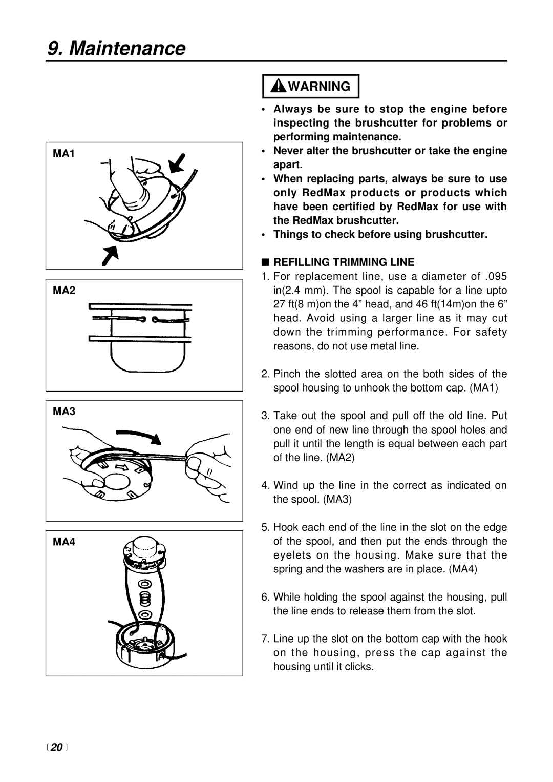 RedMax BC225DL manual Maintenance, MA1 MA2 MA3 MA4, Refilling Trimming Line, 20  