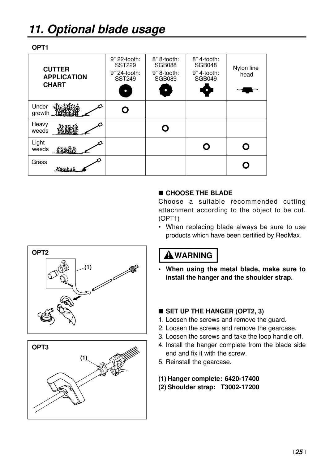 RedMax BC225DL manual Optional blade usage, 25  