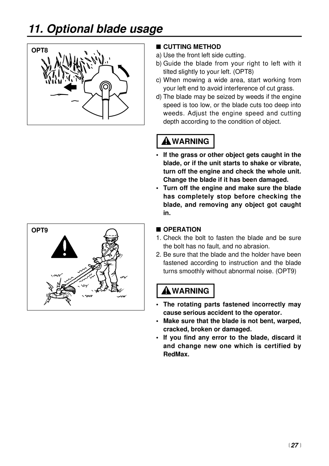 RedMax BC225DL manual OPT8 OPT9 Cutting Method, Operation, 27  