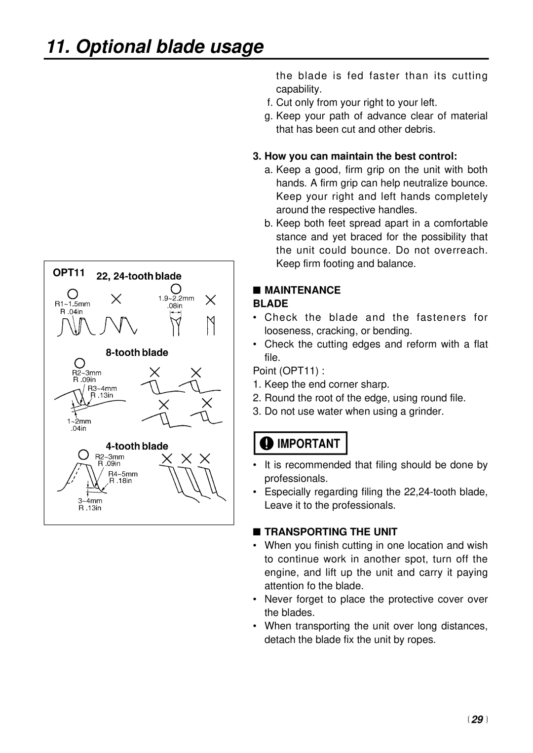 RedMax BC225DL manual OPT11, Maintenance Blade, Transporting the Unit, 29  