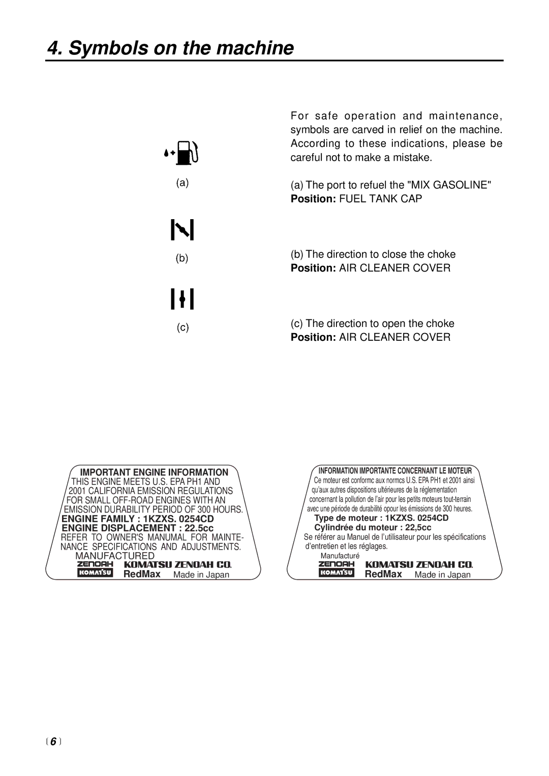 RedMax BC225DL manual Symbols on the machine, Important Engine Information 