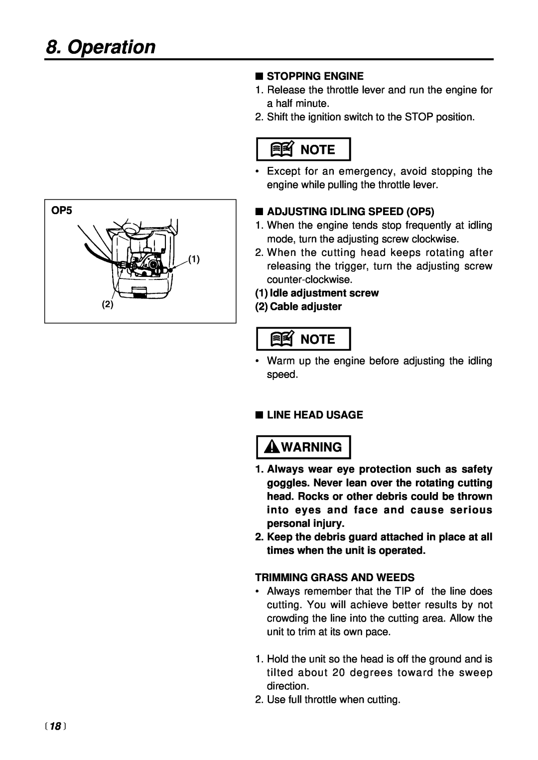 RedMax BC225DL manual 18 , Operation, Stopping Engine 