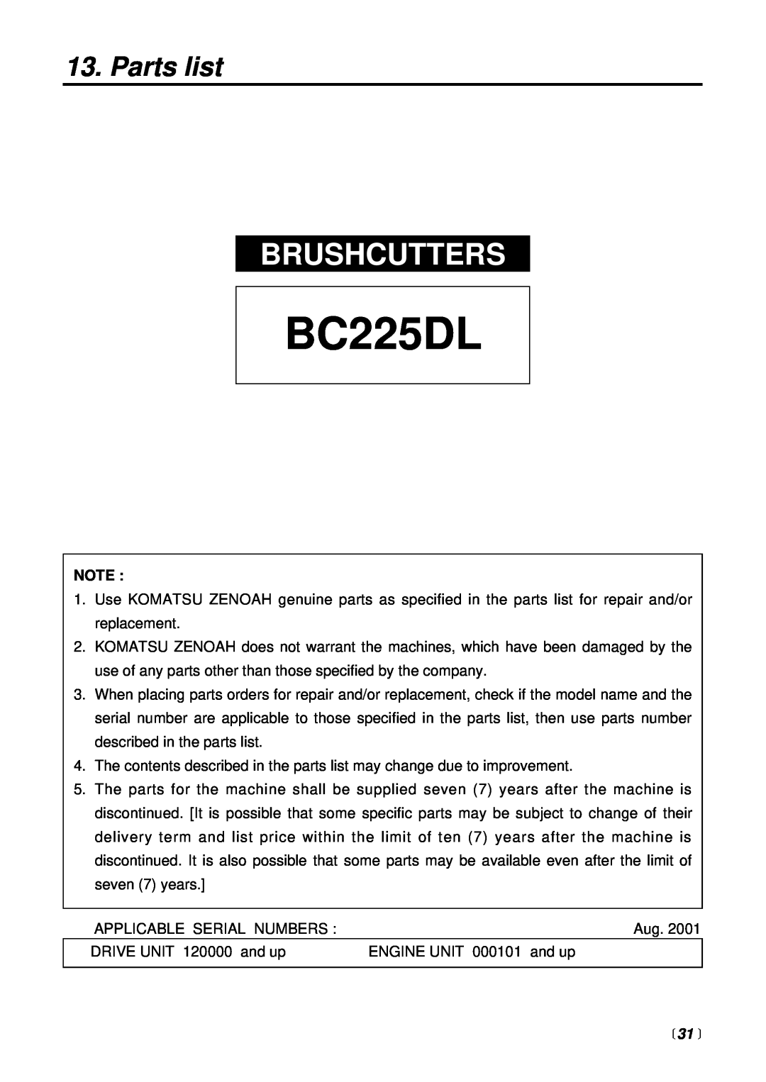 RedMax BC225DL manual Parts list, 31 , Brushcutters 