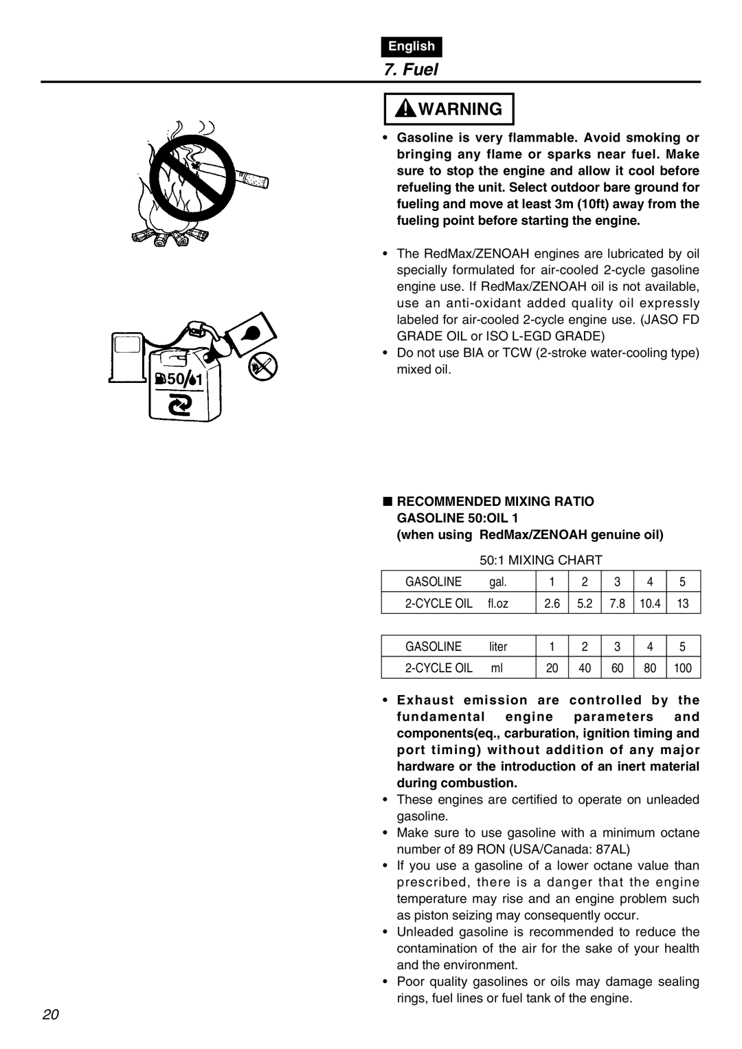 RedMax BC250 manual Fuel, Recommended Mixing Ratio Gasoline 50OIL, When using RedMax/ZENOAH genuine oil 