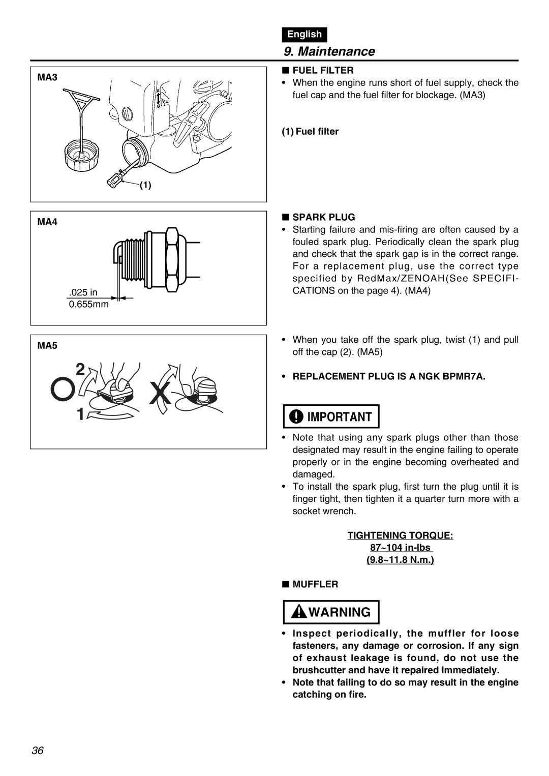 RedMax BC250 manual MA3 MA4, MA5, Fuel Filter, Spark Plug, Replacement Plug is a NGK BPMR7A, Tightening Torque, Muffler 