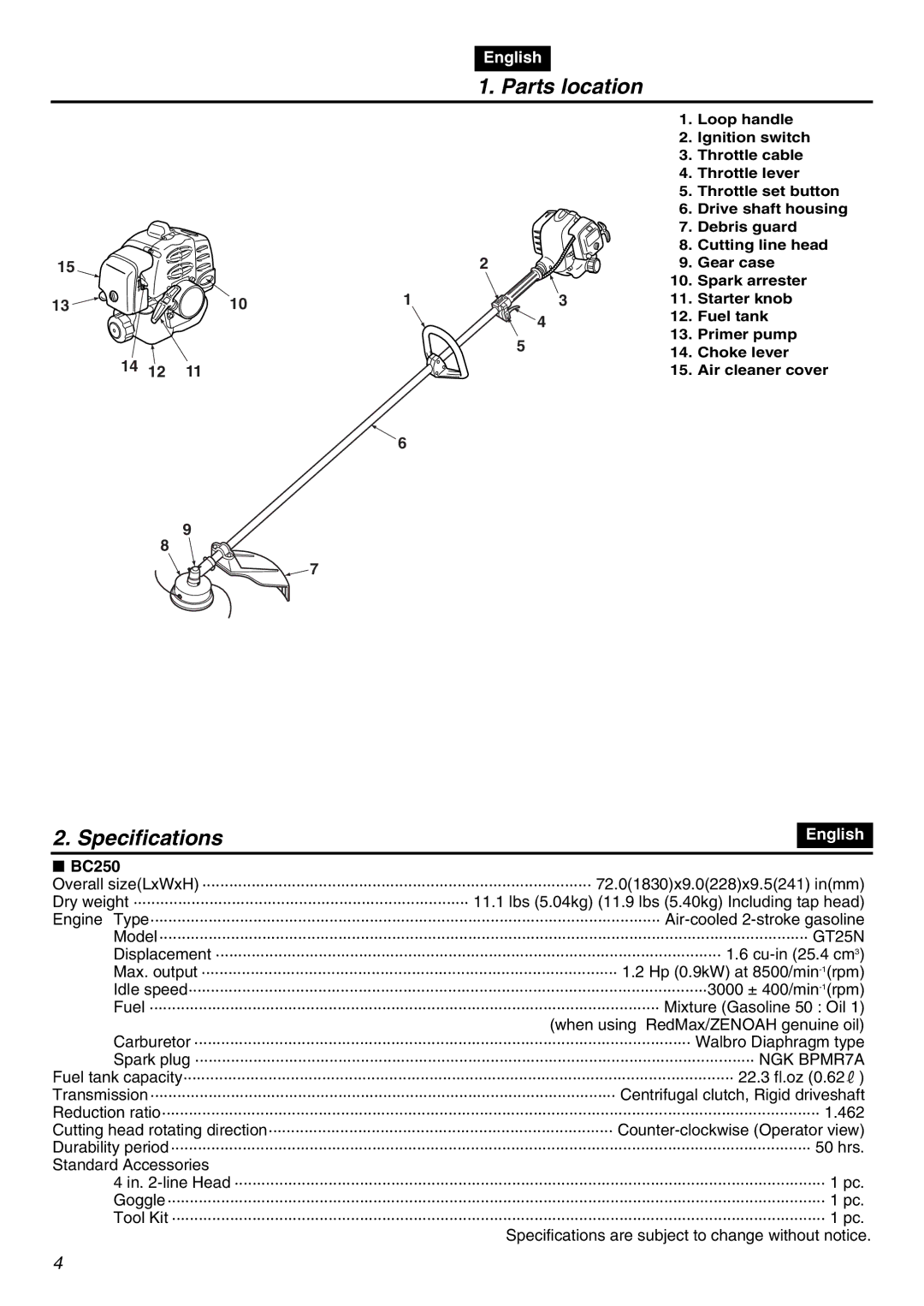 RedMax BC250 manual Parts location, Specifications 