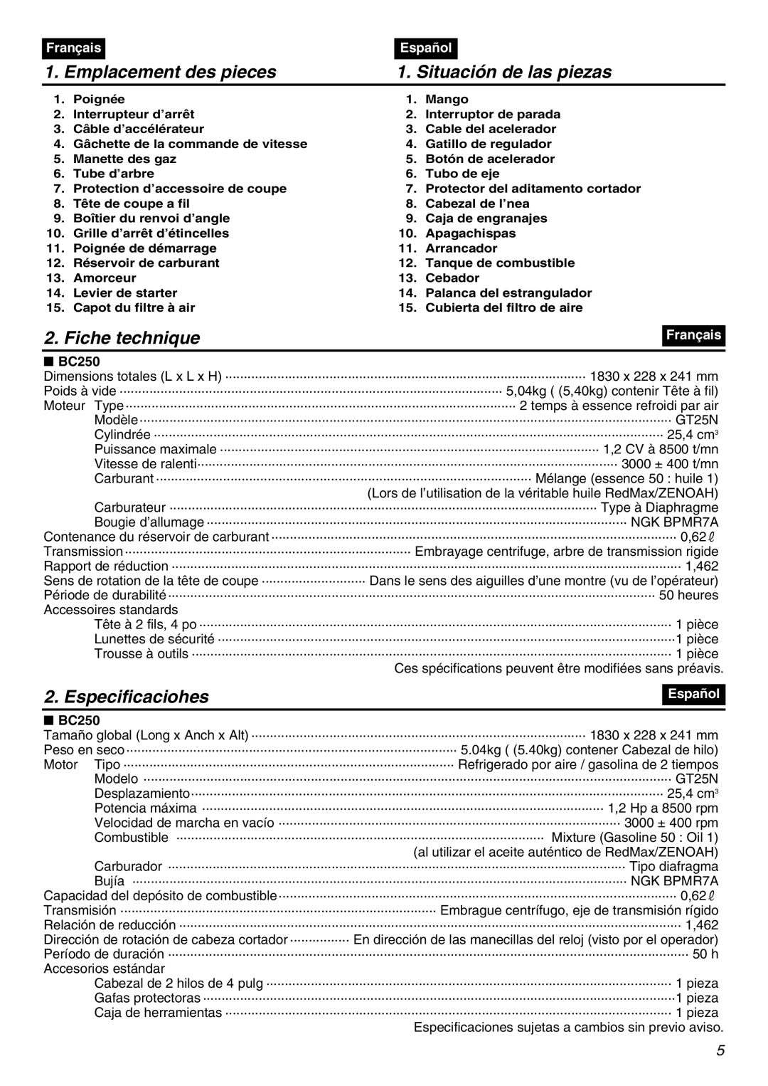 RedMax BC250 manual Emplacement des pieces Situación de las piezas, Fiche technique, Especificaciohes 