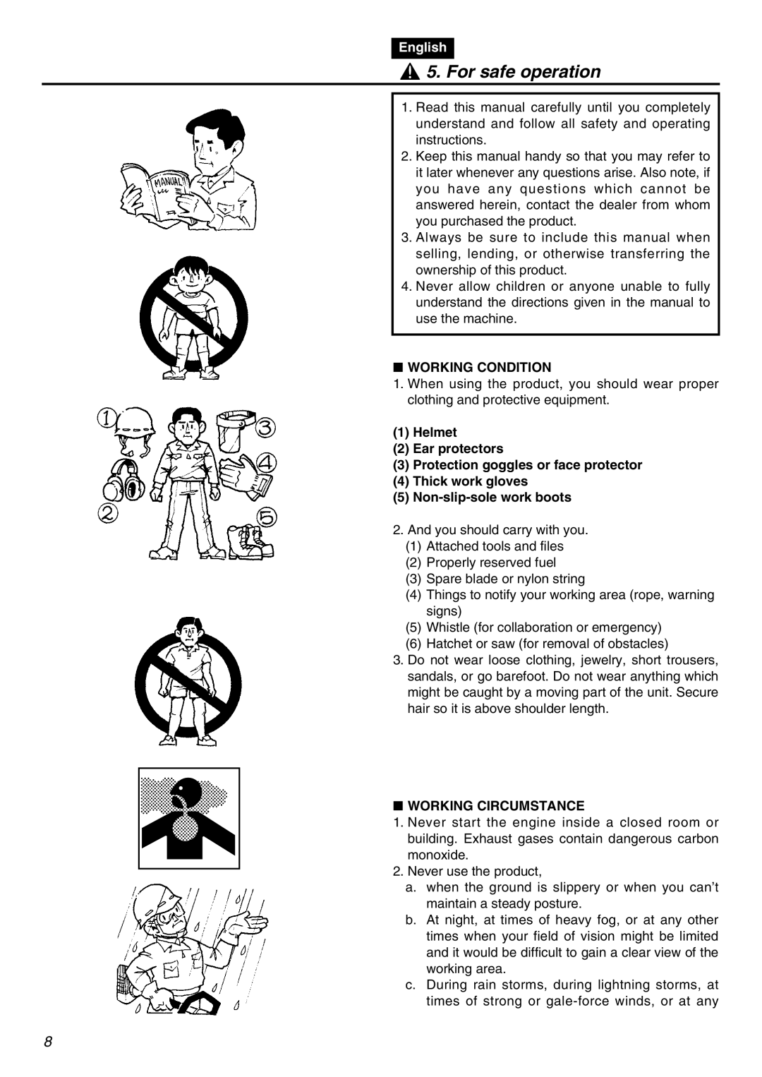 RedMax BC250 manual For safe operation, Working Condition, Working Circumstance 