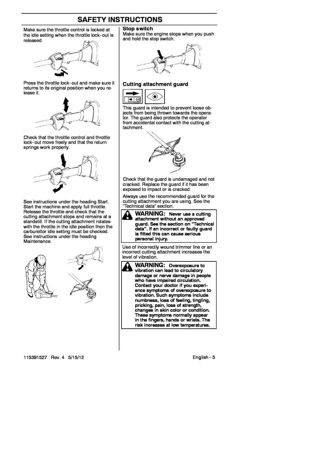 RedMax BC280 manual Stop switch, Cutting attachment guard, Safety Instructions 