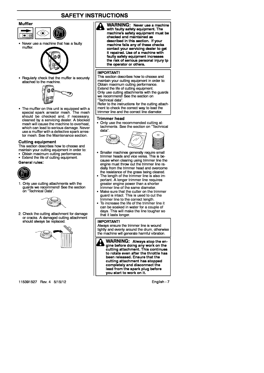 RedMax BC280 manual Trimmer head, Safety Instructions, Muffler, Cutting equipment, General rules 
