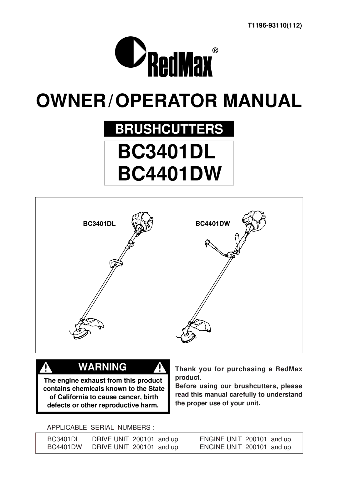 RedMax manual BC3401DL BC4401DW, T1196-93110112 