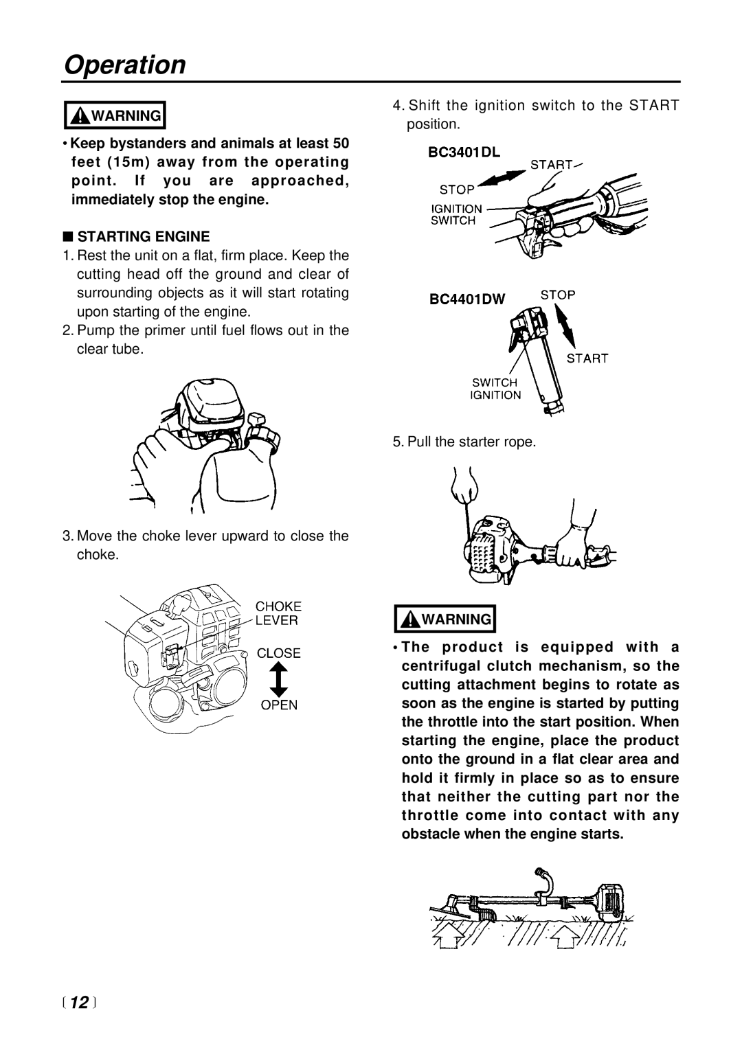 RedMax BC3401DL, BC4401DW manual Operation,  12 , Starting Engine 