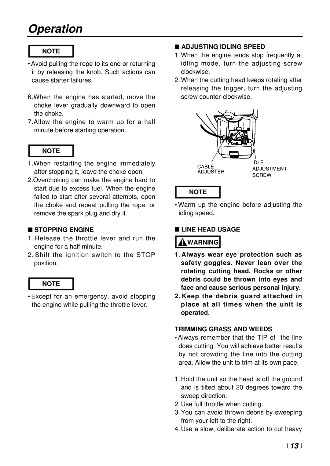 RedMax BC4401DW manual  13 , Stopping Engine, Adjusting Idling Speed, Line Head Usage Warning, Trimming Grass and Weeds 