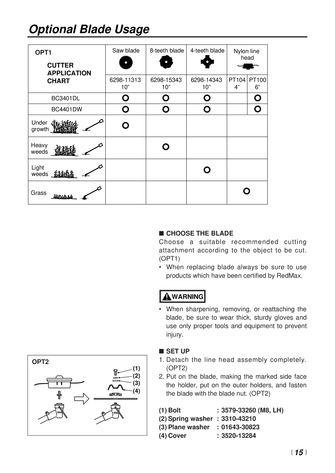 RedMax BC4401DW, BC3401DL manual Optional Blade Usage,  15  