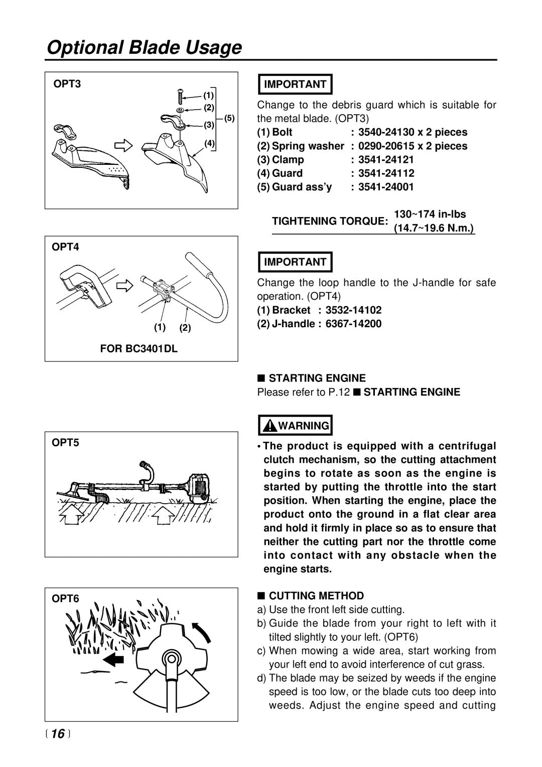 RedMax BC4401DW manual  16 , OPT3 OPT4 For BC3401DL OPT5 OPT6, Bracket Handle, Cutting Method 