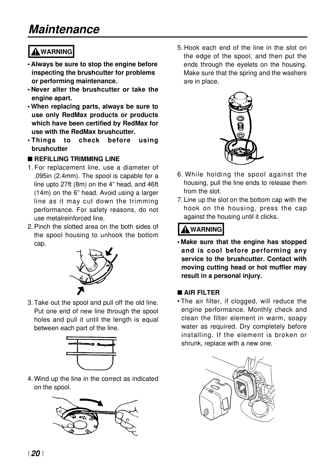 RedMax BC3401DL, BC4401DW manual Maintenance,  20 , Refilling Trimming Line, AIR Filter 