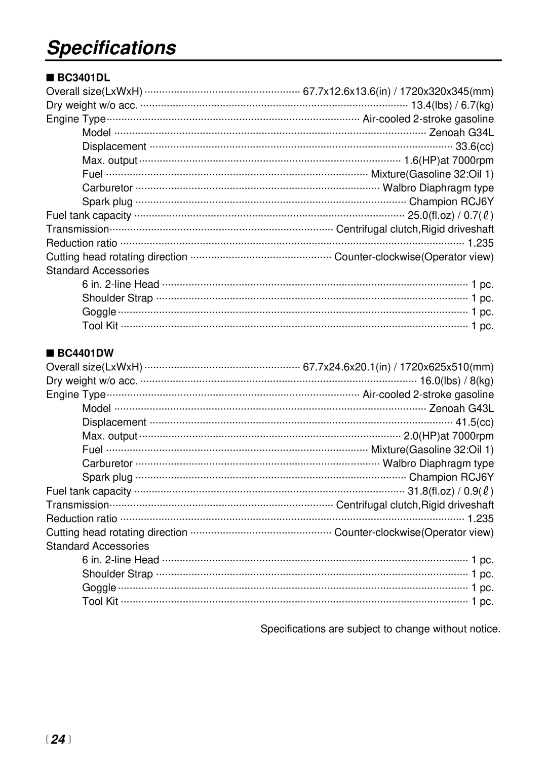 RedMax BC3401DL manual Specifications,  24 , BC4401DW 