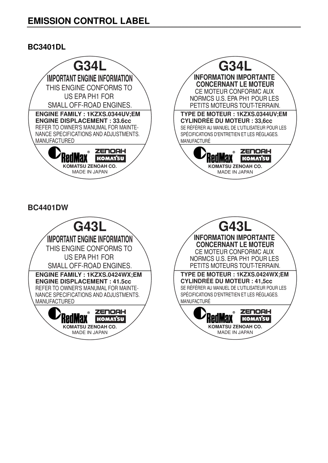 RedMax BC4401DW, BC3401DL manual Engine Family 1KZXS.0344UVEM, Type DE Moteur 1KZXS.0344UVEM, Engine Family 1KZXS.0424WXEM 