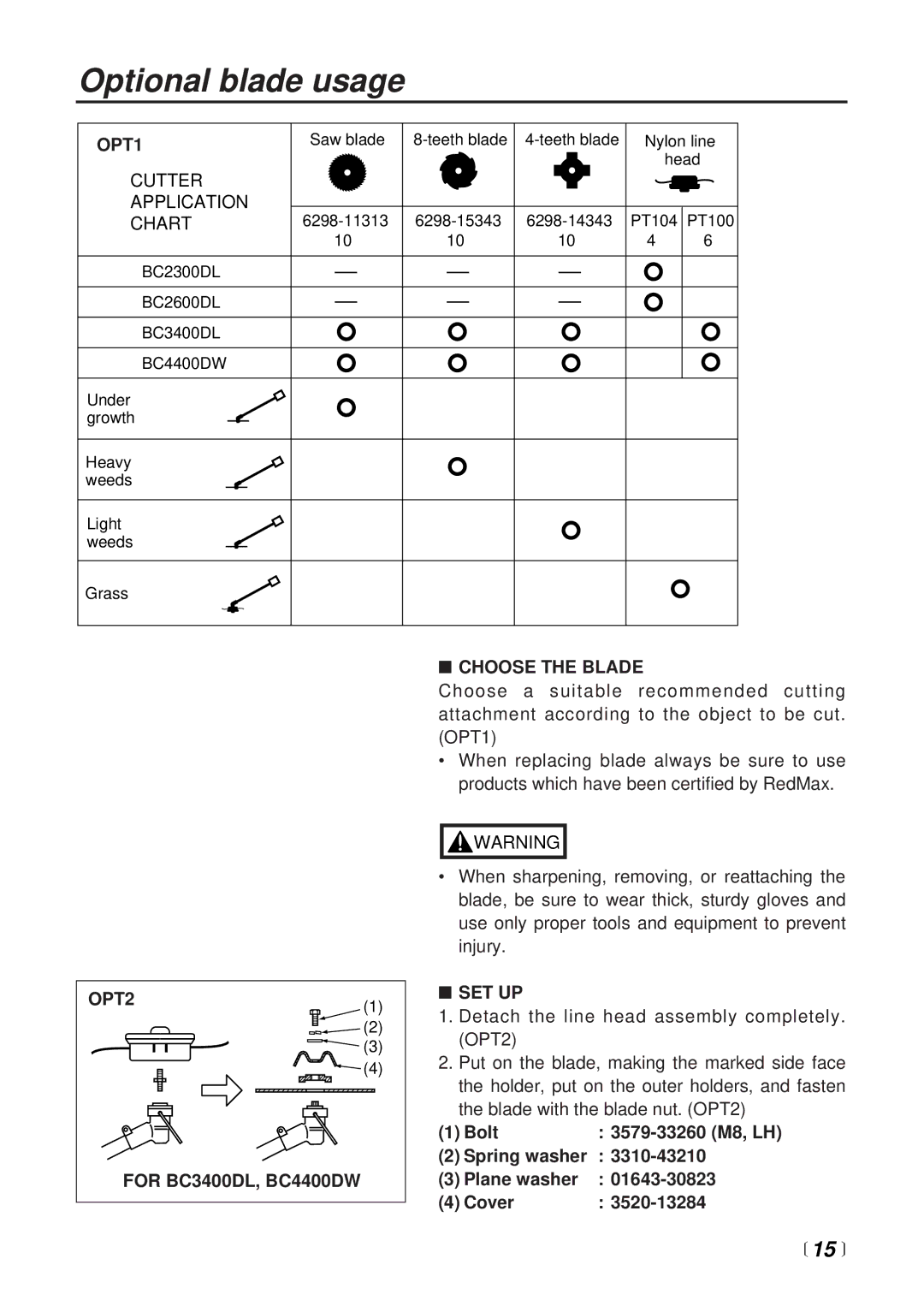 RedMax BC2600DL, BC4400DW, BC2300DL, BC3400DL manual Optional blade usage,  15  