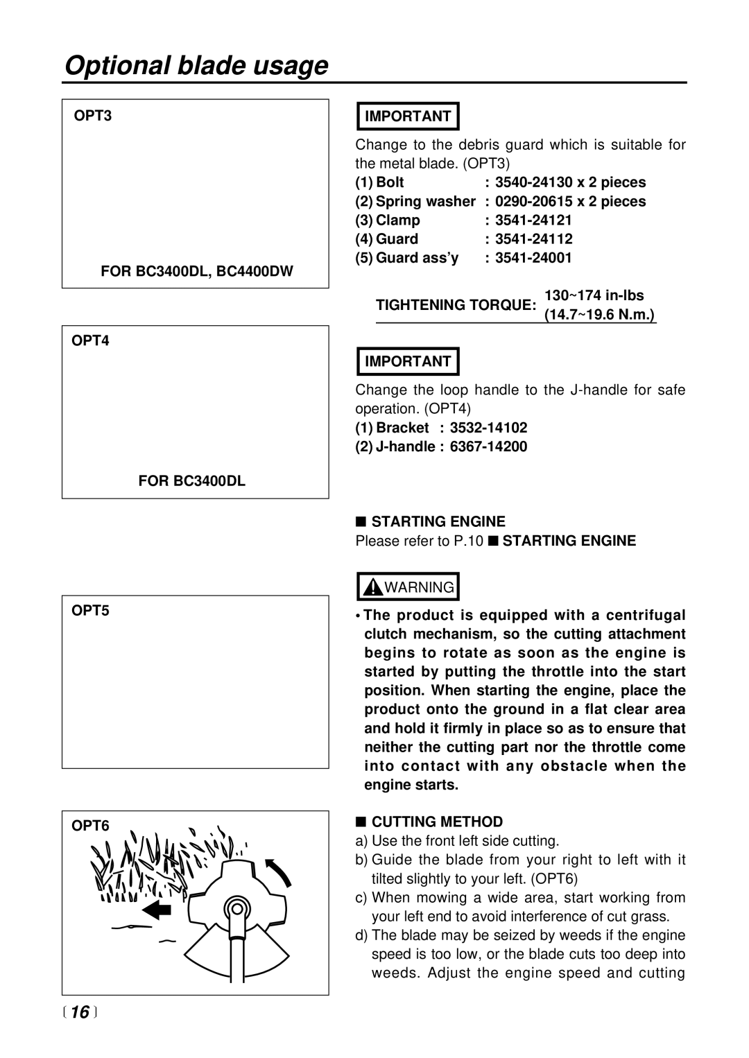 RedMax BC4400DW, BC2300DL, BC2600DL manual  16 , OPT3, OPT4 For BC3400DL OPT5 OPT6, Bracket Handle, Cutting Method 