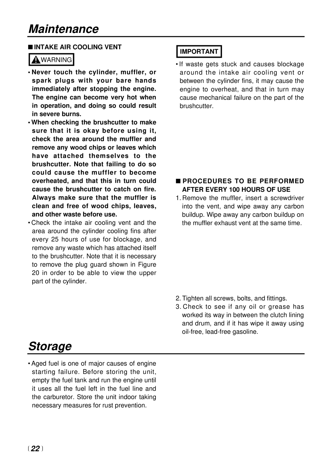 RedMax BC3400DL Storage,  22 , Intake AIR Cooling Vent Warning, Procedures to be Performed After Every 100 Hours of USE 