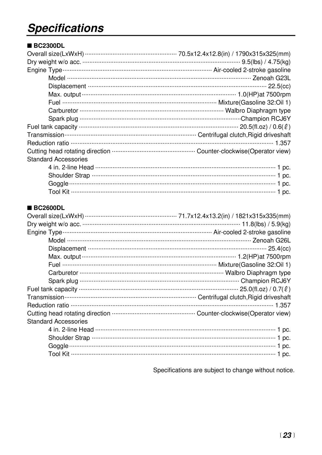 RedMax BC2600DL, BC4400DW, BC3400DL manual Specifications,  23 , BC2300DL 
