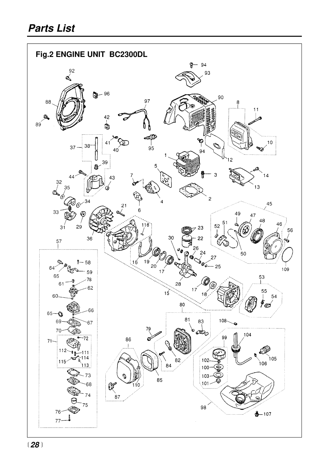 RedMax BC4400DW, BC3400DL, BC2600DL manual Engine Unit BC2300DL,  28  