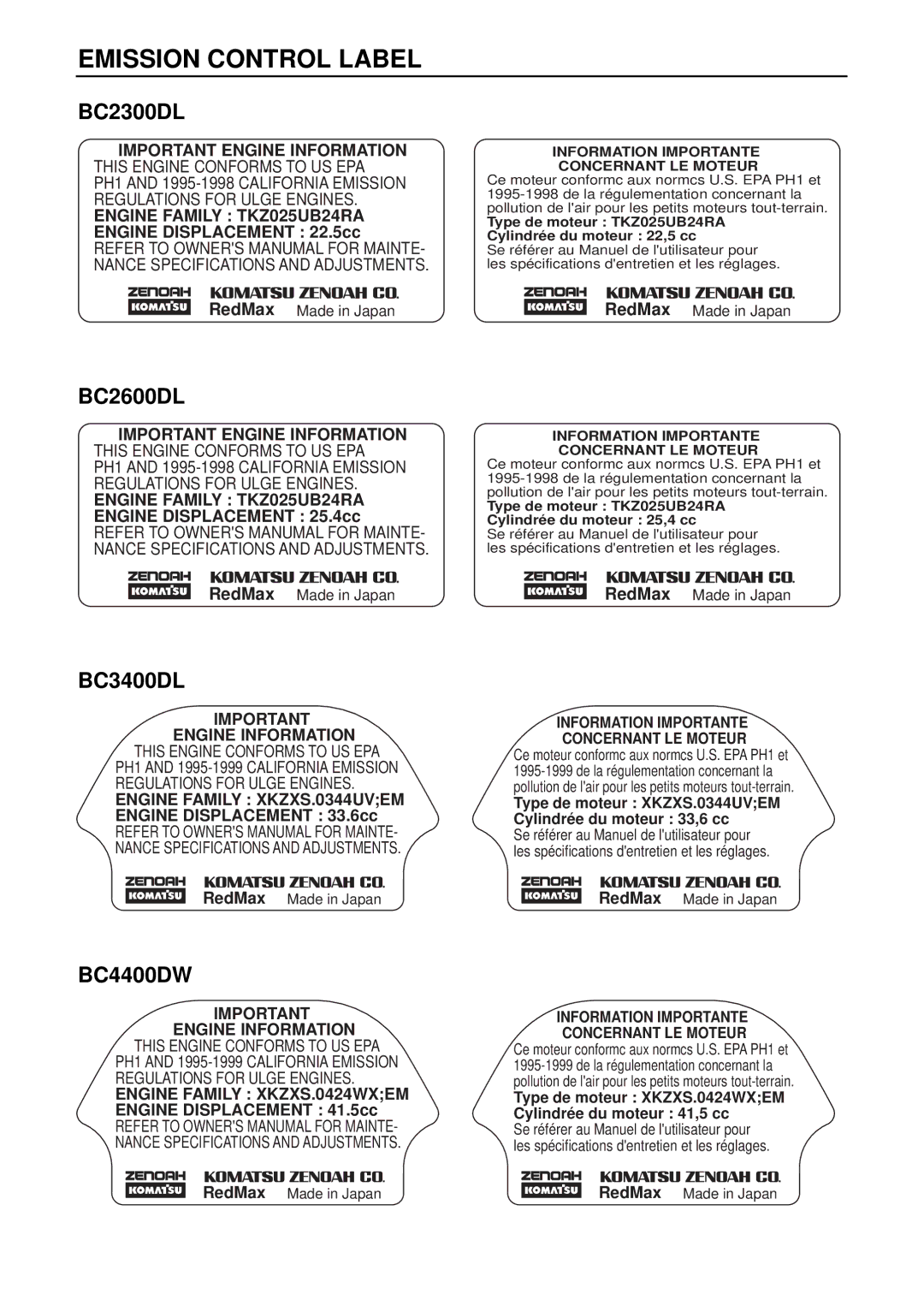 RedMax BC2600DL, BC4400DW, BC2300DL, BC3400DL manual Emission Control Label 
