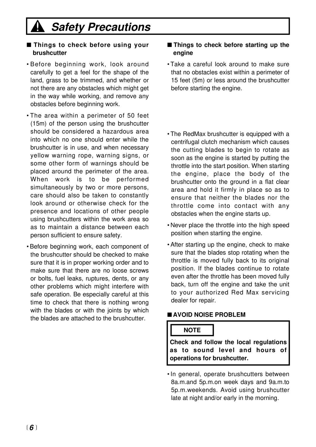 RedMax BC3400DL manual  6 , Things to check before using your brushcutter, Things to check before starting up the engine 