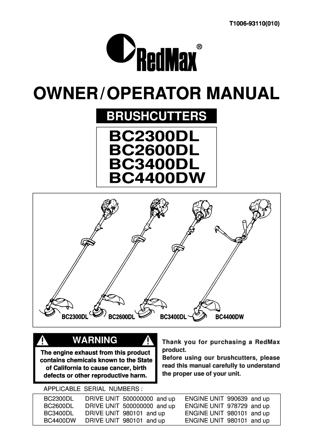 RedMax manual BC2300DL BC2600DL BC3400DL BC4400DW, Brushcutters, Owner / Operator Manual 